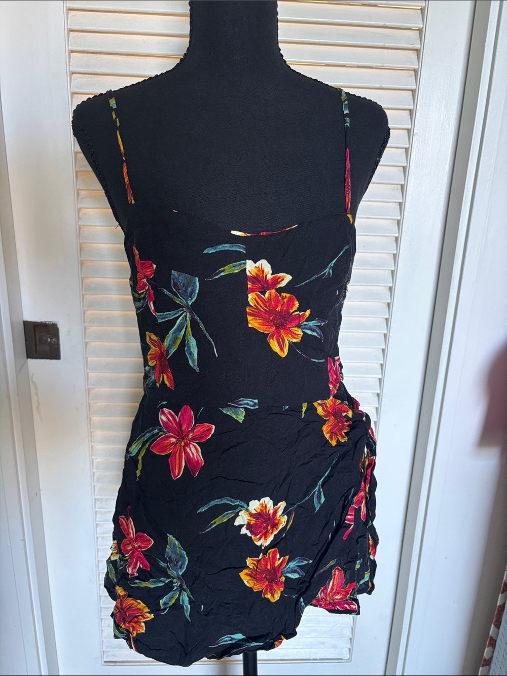 Black Floral Spaghetti-Strap Romper